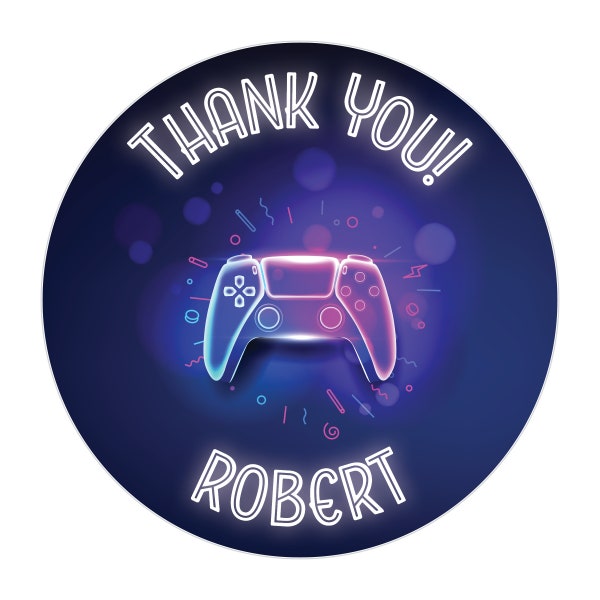 Video Game Birthday Stickers, Thank You Favor Labels, Neon Colors, Colorful, Controller, Personalized Party Labels - 1.5" - 10" Inch