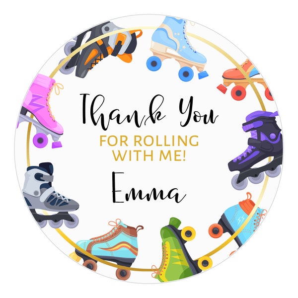 Roller Skating Birthday Stickers, Thank You for Rolling with Me, Skate Party, Skating Rink, Personalized Party Labels - 1.5" - 10" Inch