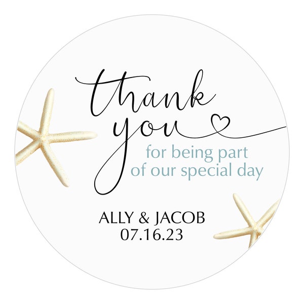 Beach Theme Wedding Favor Stickers, Starfish Thank You, Star Fish, Personalized Favor Labels, Wedding Stickers for Favors, Circle