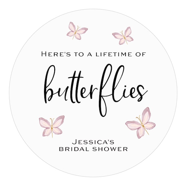 Bridal Shower Stickers, Here's to a Lifetime of Butterflies, Favor Stickers, Labels, Pink Watercolor