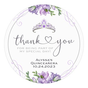 Purple Quinceanera Stickers, Favor Stickers, Lilac Flowers, Silver, Sweet Sixteen, Crown, Tiara, Thank you, Girl's Birthday