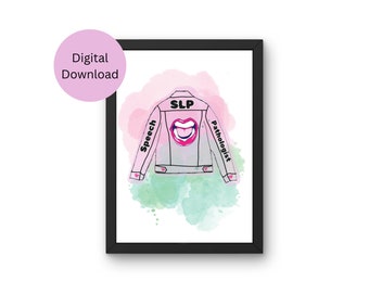 SLP Jean Jacket Poster Watercolor Speech Pathologist Digital Download Speech Art Speech Language Pathology Print