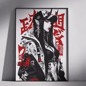 Puede incluir: Obra de arte enmarcada que presenta una ilustración estilizada de una persona con cabello largo y negro, vestida con un atuendo negro y una gorra con cuernos. El fondo tiene caracteres japoneses rojos. La obra es en blanco, negro y rojo.
