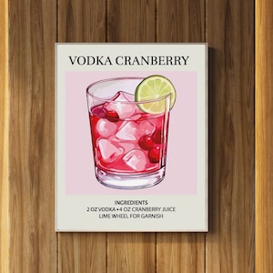 Vodka Cranberry Art Print / Bar Cart Decor Cocktail Poster / Signo de bebida de firma de boda / Arte de pared de moda / Retro sofisticado minimalista