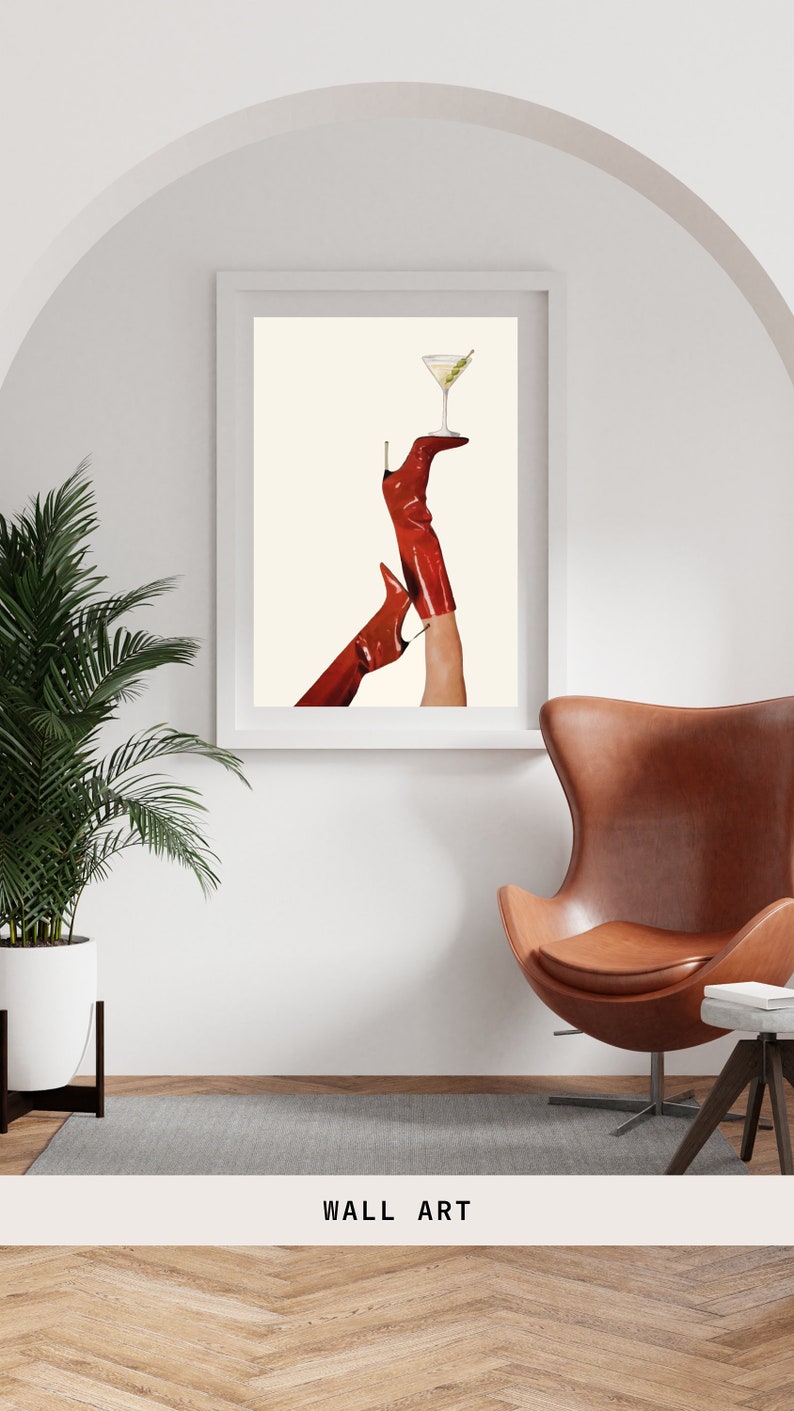 Bottoms Up Art Print | Red Boot Martini Wall Art | Bar Cart Art | Femme Fatale | Cherry Girl Art Print | NYC Aesthetic | Trendy Art Print |