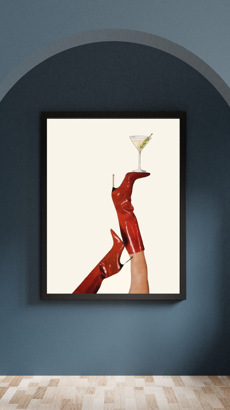 Bottoms Up Art Print | Red Boot Martini Wall Art | Bar Cart Art | Femme Fatale | Cherry Girl Art Print | NYC Aesthetic | Trendy Art Print |