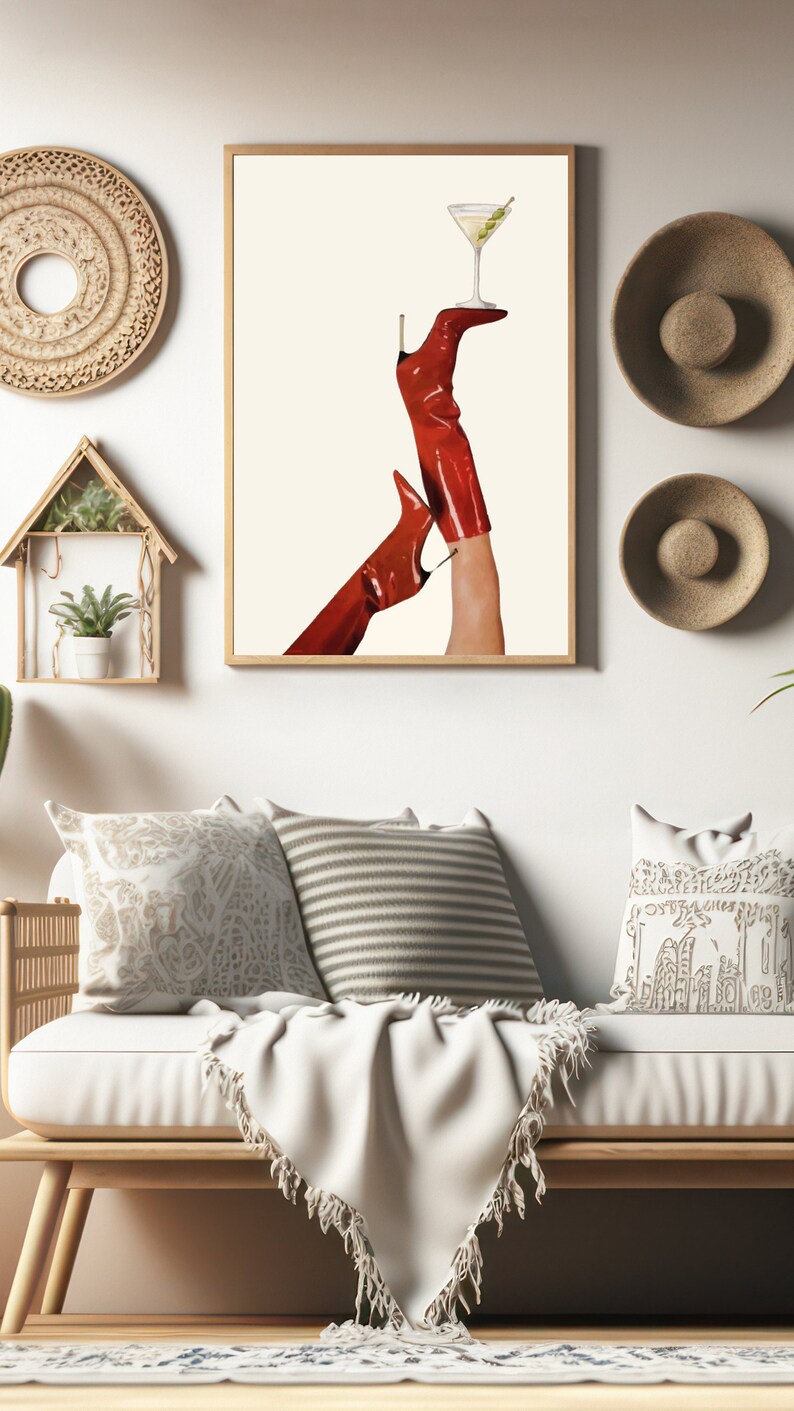 Bottoms Up Art Print | Red Boot Martini Wall Art | Bar Cart Art | Femme Fatale | Cherry Girl Art Print | NYC Aesthetic | Trendy Art Print |