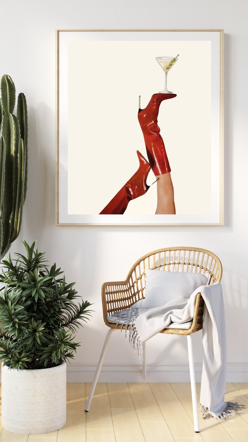 Bottoms Up Art Print | Red Boot Martini Wall Art | Bar Cart Art | Femme Fatale | Cherry Girl Art Print | NYC Aesthetic | Trendy Art Print |