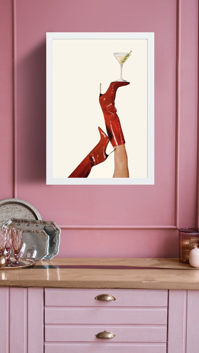 Bottoms Up Art Print | Red Boot Martini Wall Art | Bar Cart Art | Femme Fatale | Cherry Girl Art Print | NYC Aesthetic | Trendy Art Print |