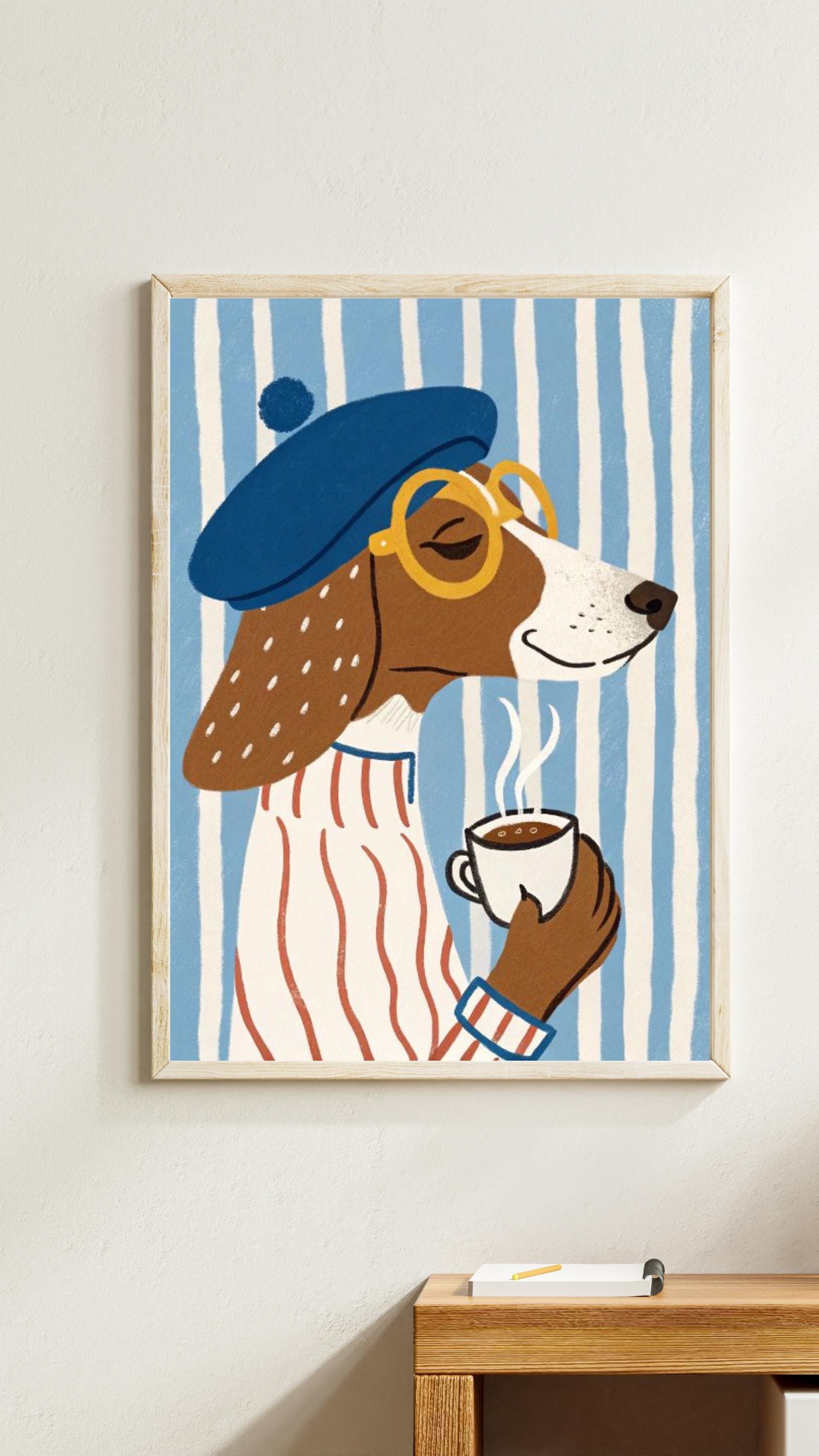 French Dog Art Print: Beret, Coffee, Whimsical Canine Poster 