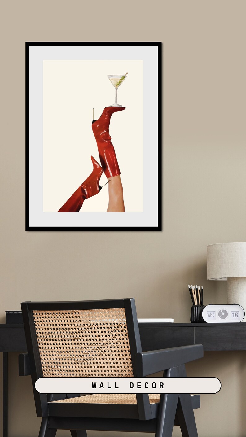 Bottoms Up Art Print | Red Boot Martini Wall Art | Bar Cart Art | Femme Fatale | Cherry Girl Art Print | NYC Aesthetic | Trendy Art Print |