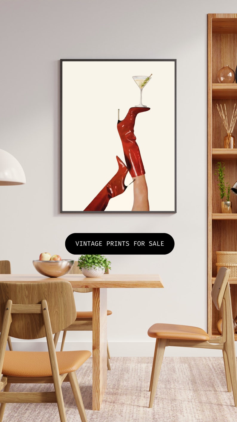 Bottoms Up Art Print | Red Boot Martini Wall Art | Bar Cart Art | Femme Fatale | Cherry Girl Art Print | NYC Aesthetic | Trendy Art Print |