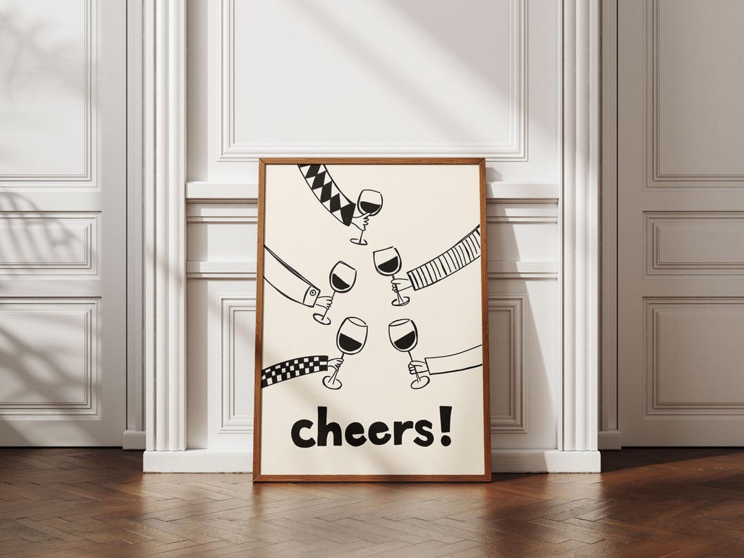 Cheers Poster, Wine Wall Art Print, Minimal Line Art Illustration ...