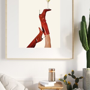 Bottoms Up Art Print | Red Boot Martini Wall Art | Bar Cart Art | Femme Fatale | Cherry Girl Art Print | NYC Aesthetic | Trendy Art Print |