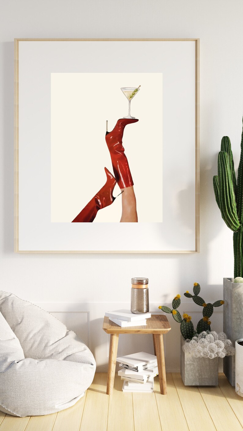 Bottoms Up Art Print | Red Boot Martini Wall Art | Bar Cart Art | Femme Fatale | Cherry Girl Art Print | NYC Aesthetic | Trendy Art Print |