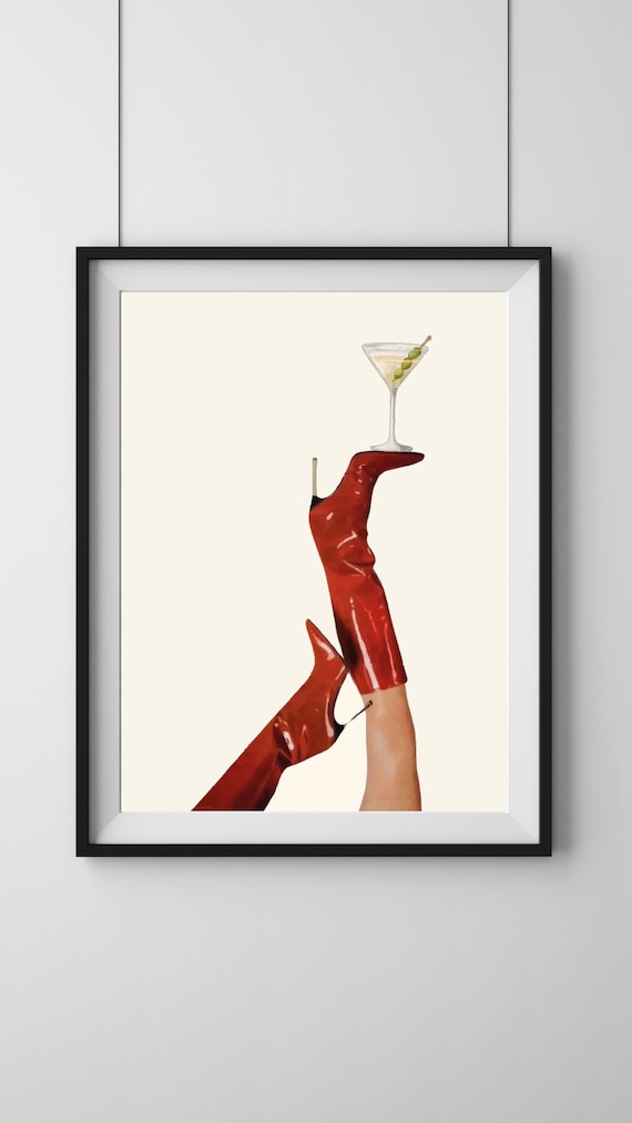 Red Boot Martini Art Print: Trendy Bar Cart Decor