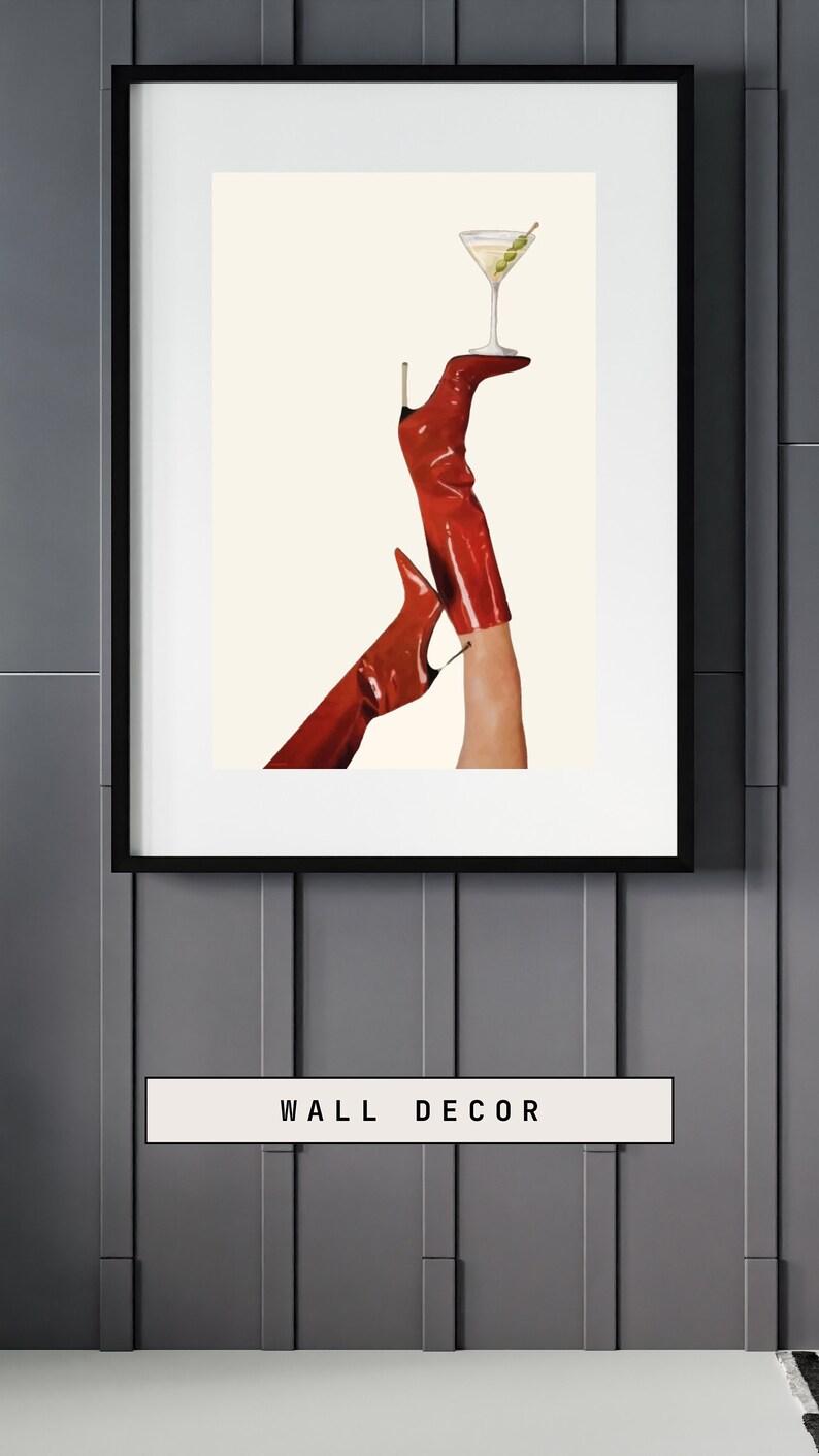 Bottoms Up Art Print | Red Boot Martini Wall Art | Bar Cart Art | Femme Fatale | Cherry Girl Art Print | NYC Aesthetic | Trendy Art Print |