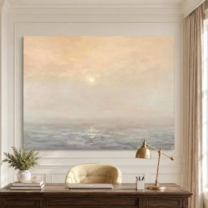Groot schilderij oceaanzonsondergang: abstracte kustmuurkunst, muurdecoratie strand