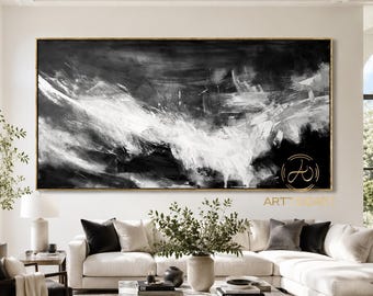 Large Abstract Black White Painting Modern Minimalist Wall Art Contemporary Living Room Decor Oversized Canvas