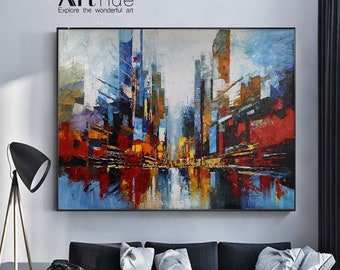 Large Urban architectural Landscape Painting,Retro City Block Painting,Large Abstract Cityscape Art,Urban Memory Painting,Urban Wall Decor