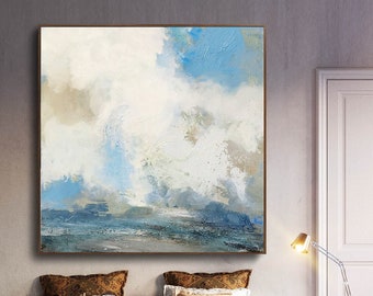 Large Cloud Canvas Painting,Seascape For living room painting,Clouds Sky Abstract Landscape Painting,Coastal Beach Art,Art For Office Room