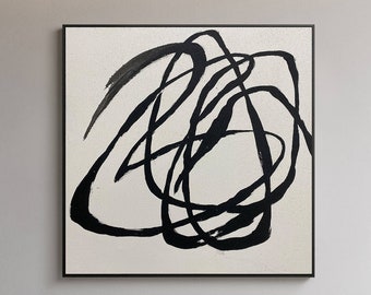 Original Black and White Abstract Line Art Painting on Canvas