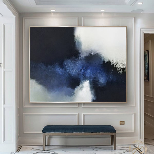 Blauw abstract textuurschilderij, moderne marineblauwe muurkunst op canvas