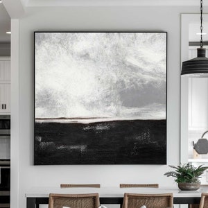 Large Black and White Abstract Landscape Painting: Handmade Canvas Wall Art