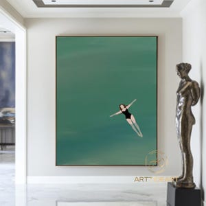Swiming into the sea green ocean painting vintage retro painting green minimalist painting landscape painting holiday style wall art