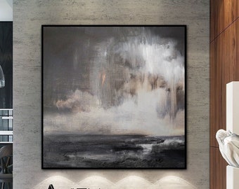 Original Seascape Abstract Painting, Black Sky, Large Canvas Art