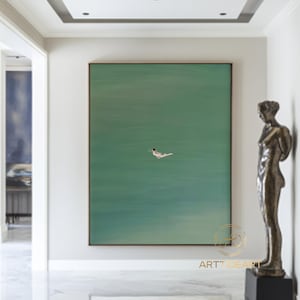 green abstract art, girl swimming painting, green texture painting,green wall art, green minimalist art,  vertical custom work gift