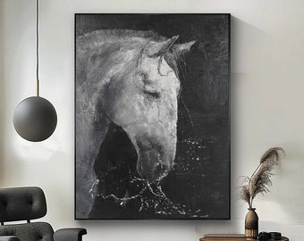 Original Black & White Horse Oil Painting: Abstract Animal Art