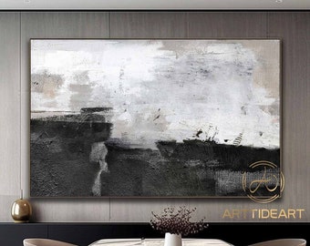 Black and White Abstract Wall Art Organic Modern Art Large Black Abstract Painting White Texture Canvas Art Light Beige Texture Painting