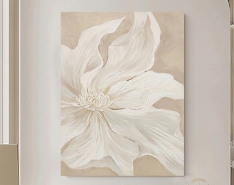 Original White Flower Oil Painting on Canvas: Large Abstract Floral Art