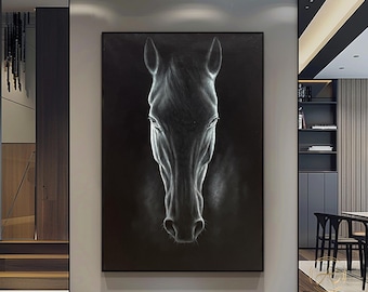 Original Black Horse Oil Painting: Abstract Animal Portrait Art