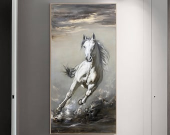 Hand Painting White Horse Canvas Art: Large Living Room Wall Decor