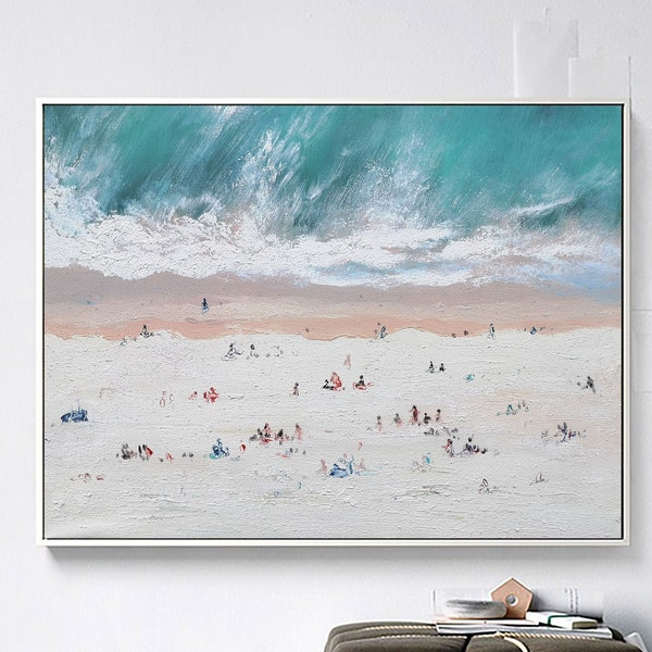 Large green ocean painting beach painting coastal painting blue sea abstract painting on canvas beach painting mother and child on beach