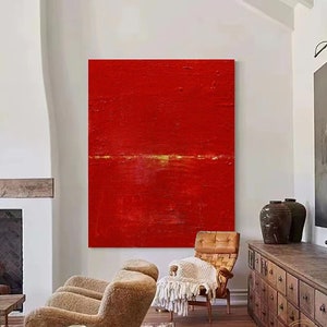 Red Abstract Painting on Canvas: Wabi-Sabi Boho Textured Wall Art