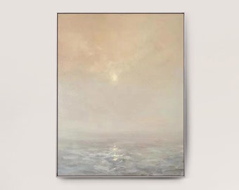 Big ocean sunset painting beach painting coastal painting Large wall art blue abstract painting beige abstract wall art canvas sky painting