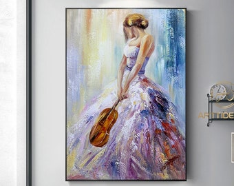 Large Violinist Oil Painting: Modern Abstract Musician Art
