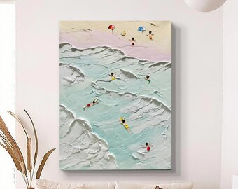 Textured Beach Painting: Coastal Crowd Art, Summer Seascape