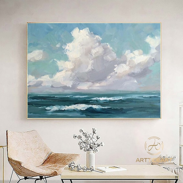 Große Himmel und Meer Malerei Strand Textur Malerei Original große Ozean Leinwand Malerei blau Himmel Malerei Wandmalerei für Wohnzimmer