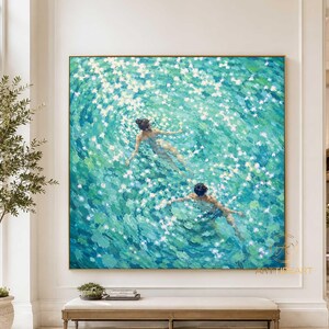 Turquoise Swimmers Painting, Ocean Water Figure Wall Art, Blue Green Swimming Canvas, Large Coastal Pool Art for Beach House Decor