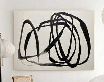 Large Black and White Abstract Line Art Painting, Minimalist Decor