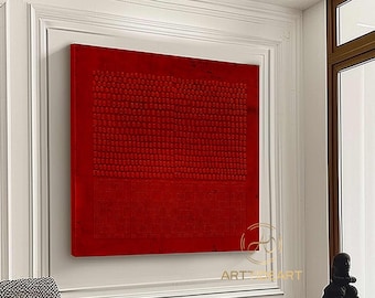 May include: A large, square, red abstract painting with a textured surface. The artwork features a pattern of small circles in the upper section and vertical lines in the lower section. The painting is mounted on a white wall.