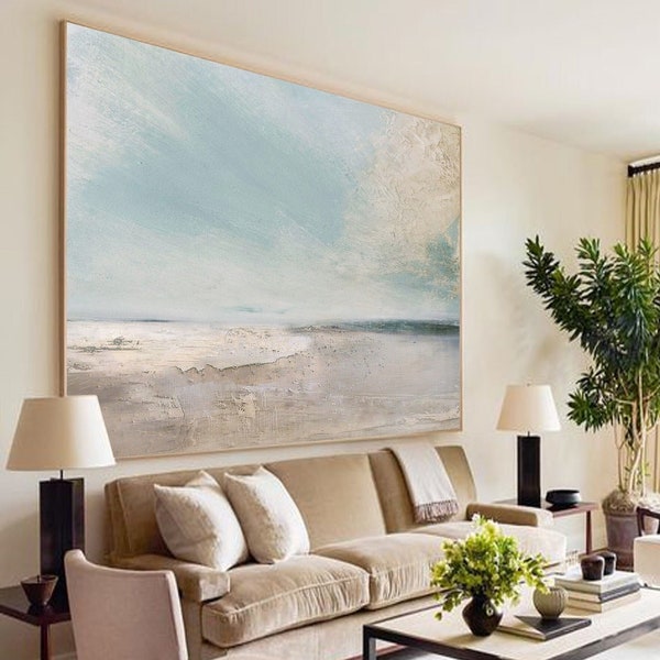 Abstract Beach Wall Art Hand Painted Ocean Canvas Painting Japandi Living Room Decor Soft Blue Neutral Textured Art Modern Coastal Painting