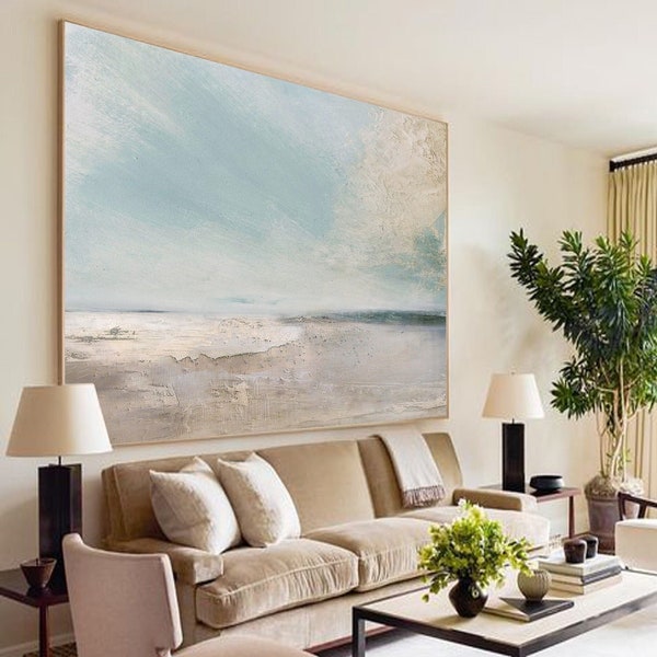 Large sky and sea painting beach scene painting original large ocean canvas painting blue green sky painting living room canvas painting