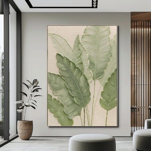 Pintura de hojas verdes texturizadas: Arte de pared bohemio minimalista Pintura texturizada de hojas verdes sobre lienzo