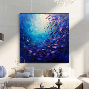 Dipinto a olio originale di una scuola di pesci su tela, grande arte murale, dipinto astratto del fondale marino blu, decorazione murale boho, dipinto personalizzato, arredamento per la casa