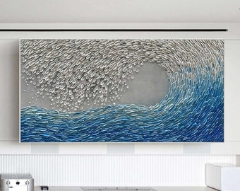 Texture Blue Wave Acrylic Painting Framed Surf Wave Painting On Canvas Abstract Ocean Canvas Art Wave Wall Art Large Wave Canvas Wall Decor